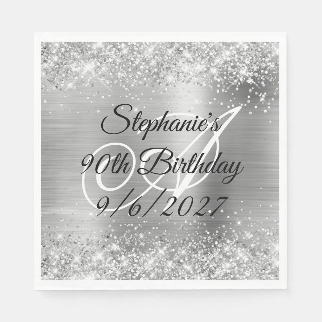 Faux Silver Glitter och Foil 90:e Birthday Pappersservett (Framsidan)