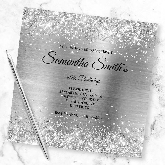 Faux Silver Glitter och Shiny Foil 40:e födelsedag Inbjudningar (Skapare uppladdad)