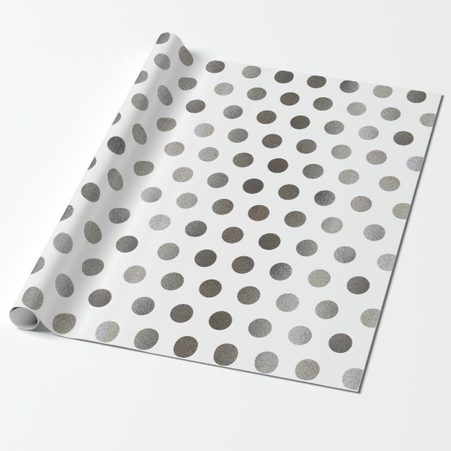 Faux Silver Glitter och White Medium Polka Dot Presentpapper (Utrullad)