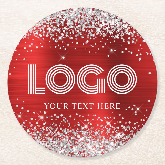 Faux Silver Glitter Red Foil Logo Underlägg Papper Rund (Framsidan)