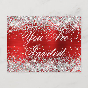 Faux Silver Glitter Red Foil Sweet sixteen Vykort
