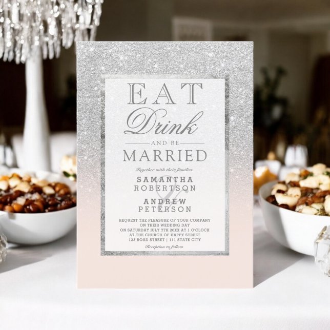 Faux silver glitter,  rosa äter mat bröllop inbjudningar (Faux silver glitter blush pink eat drink wedding invitation)