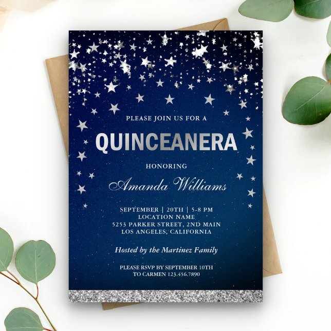 Faux Silver Glitter Stars Confetti Quinceanera Inbjudningar (Skapare uppladdad)