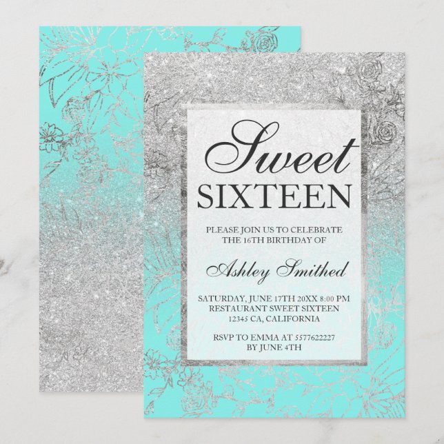 Faux silver glitter teal blommigt chic Sweet 16 Inbjudningar (Fram/baksida)