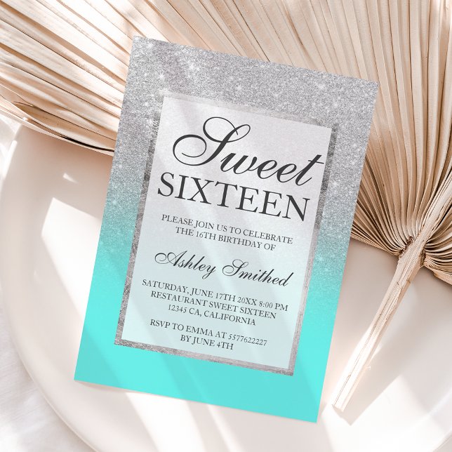Faux silver glitter teal chic Sweet 16 Inbjudningar (Skapare uppladdad)