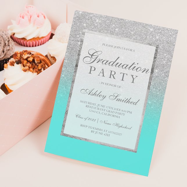 Faux silver glitter teal Studentfest Inbjudningar (Skapare uppladdad)