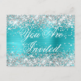 Faux Silver Glitter Turquise Blue Sweet sixteen Vykort