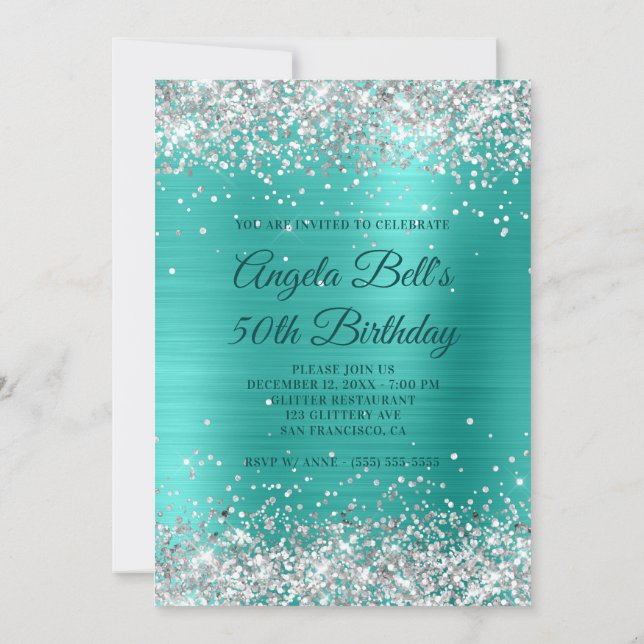 Faux Silver Glitter Turquise Foil 50 Birthday Inbjudningar (Baksida)