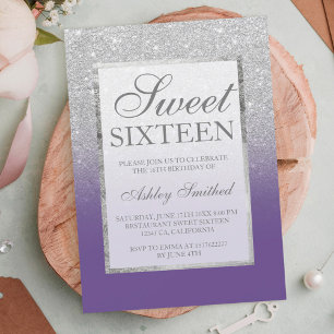 Faux silver glitter violet elegant chic Sweet 16 Inbjudningar