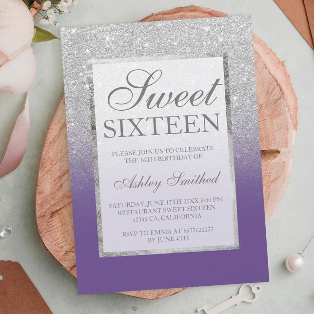 Faux silver glitter violet elegant chic Sweet 16 Inbjudningar (Skapare uppladdad)