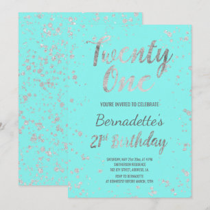 Faux silver konetti splatters teal 21:a födelsedag inbjudningar