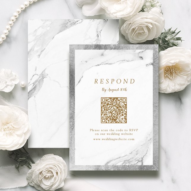 Faux silver marble lyxury modern bröllop QR-kod OSA Kort (Faux silver marble luxury modern wedding QR code RSVP Card)