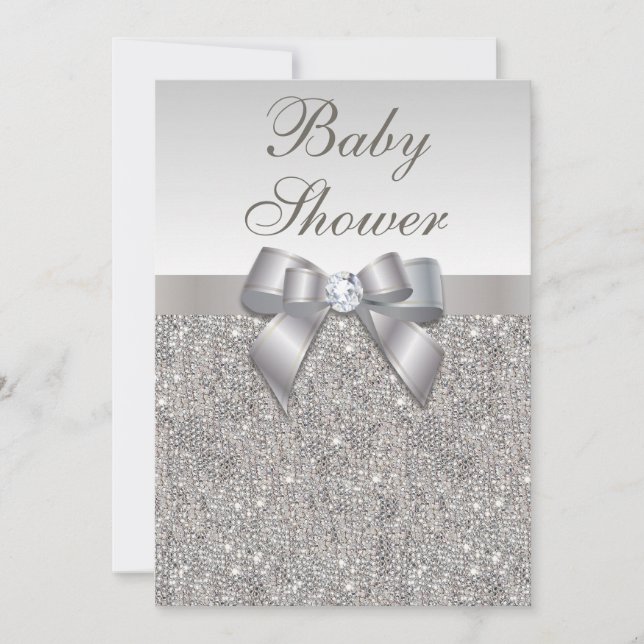 Faux Silver Sequins and Bow Neutralt Baby Shower Inbjudningar (Framsida)
