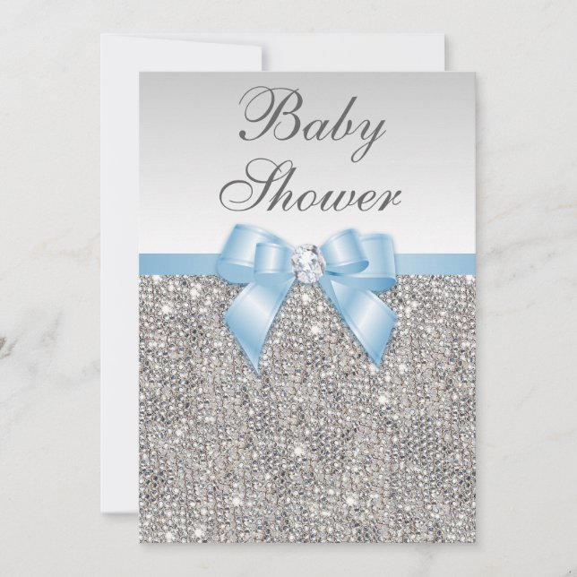 Faux Silver Sequins Baby blue babyskal Inbjudningar (Framsida)