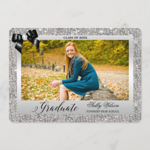 Faux Silver Sequins Black Bow Studenten Photo Inbjudningar