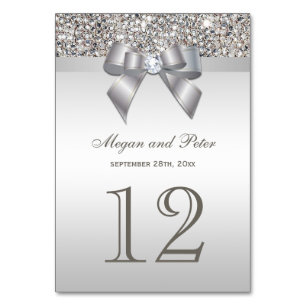 Faux Silver Sequins Bow Bröllop Bordsnummer Cards