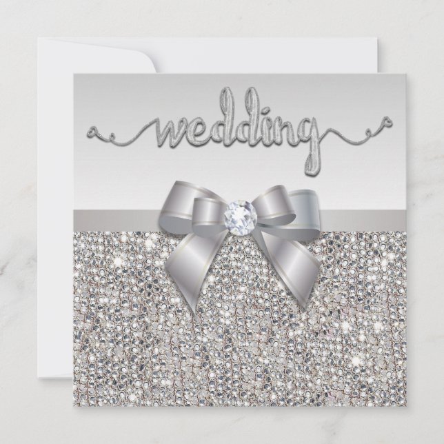 Faux Silver Sequins Bow Bröllop Hearts Typography Inbjudningar (Framsida)