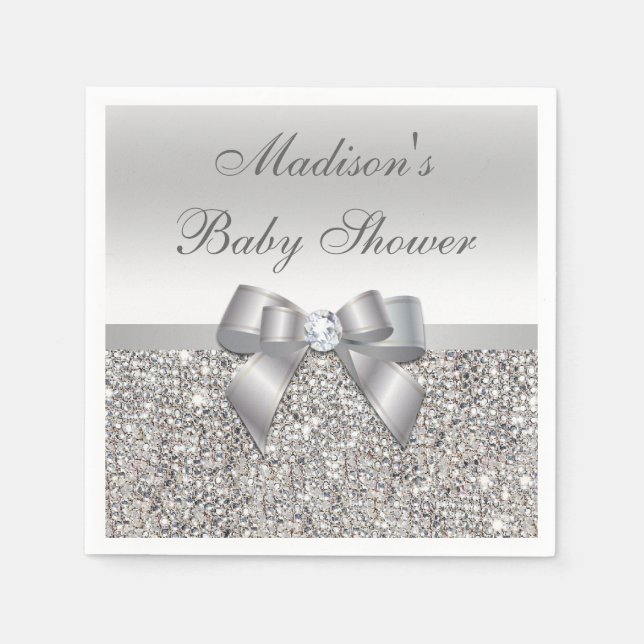 Faux Silver Sequins Bow Personlig Baby Shower Pappersservett (Framsidan)