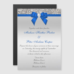Faux Silver Sequins Diamonds Cobalt Blue Bröllop Magnetisk Inbjudningskort