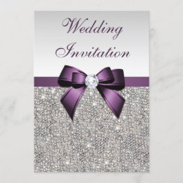 Faux Silver Sequins Diamonds Lila Bow Bröllop Inbjudningar