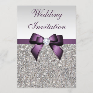 Faux Silver Sequins Diamonds Lila Bow Bröllop Inbjudningar