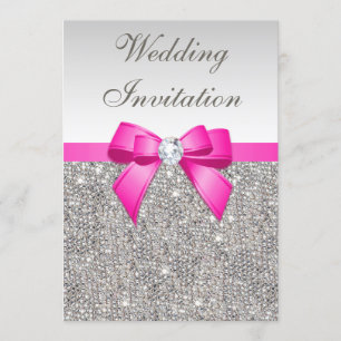 Faux Silver Sequins Diamonds Lila Bow Bröllop Inbjudningar