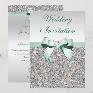 Faux Silver Sequins Diamonds Mint Bow Bröllop Inbjudningar