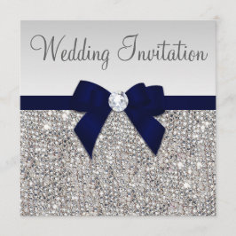 Faux Silver Sequins Diamonds Mörk Tunga Bow Bröllo Inbjudningar
