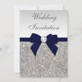 Faux Silver Sequins Diamonds Navy Bow Bröllop Inbjudningar