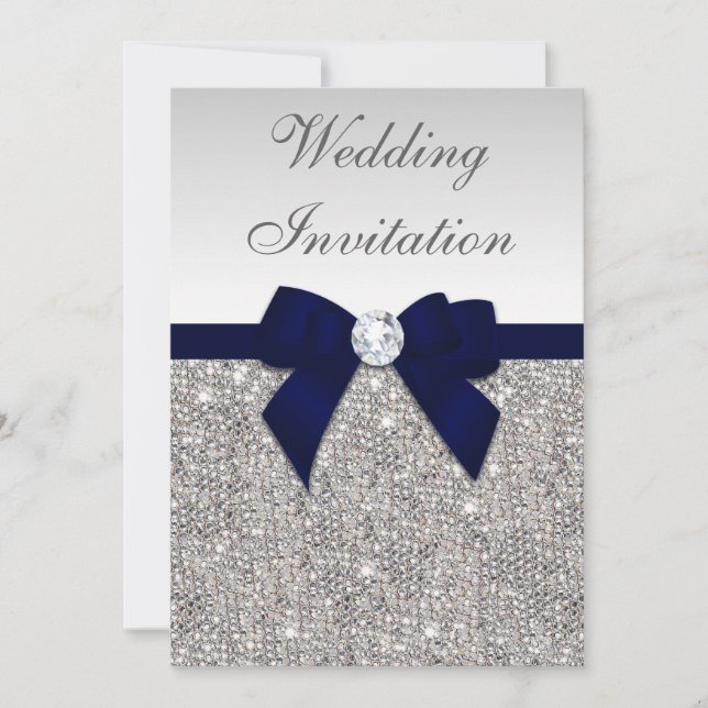 Faux Silver Sequins Diamonds Navy Bow Bröllop Inbjudningar (Framsida)