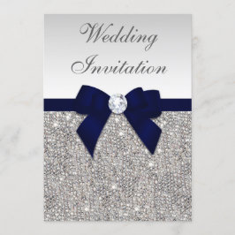 Faux Silver Sequins Diamonds Navy Bow Bröllop Inbjudningar