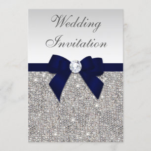 Faux Silver Sequins Diamonds Navy Bow Bröllop Inbjudningar