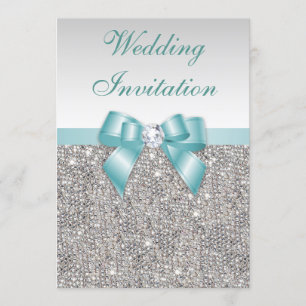 Faux Silver Sequins Diamonds Teal Bow Bröllop Inbjudningar