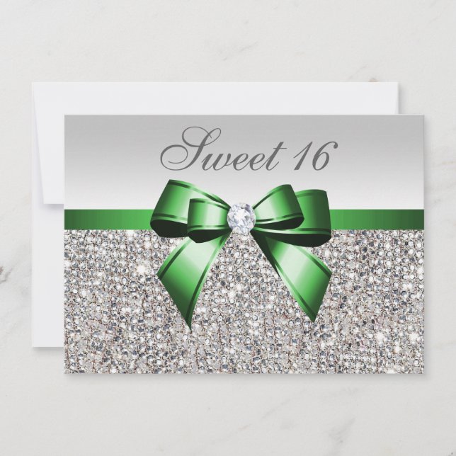 Faux Silver Sequins Emerald Bow Diamond Sweet 16 Inbjudningar (Framsida)