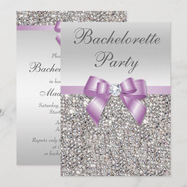 Faux Silver Sequins Lilac Bow Bachelorette Party Inbjudningar (Fram/baksida)
