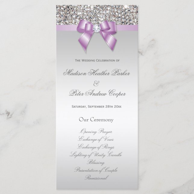 Faux Silver Sequins Lilac Bow Bröllopsprogram Program (Framsida)