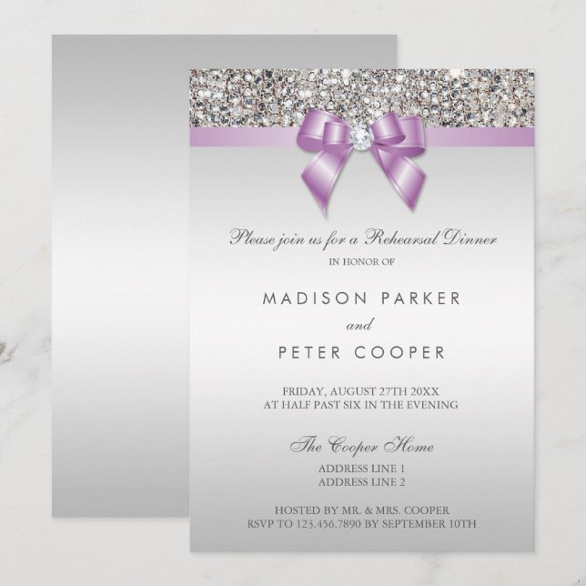 Faux Silver Sequins Lilac Bow Rehearsal Middag Inbjudningar (Fram/baksida)