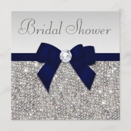 Faux Silver Sequins Navy Blue Bow Möhippa Inbjudningar
