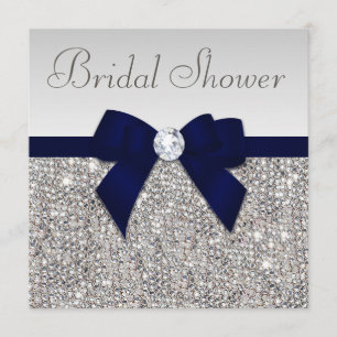 Faux Silver Sequins Navy Blue Bow Möhippa Inbjudningar