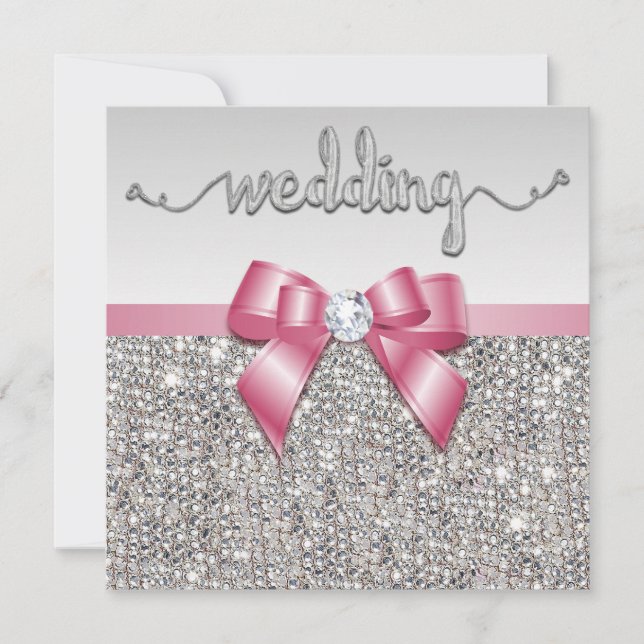 Faux Silver Sequins Rosa Bow Bröllop Inbjudningar (Framsida)