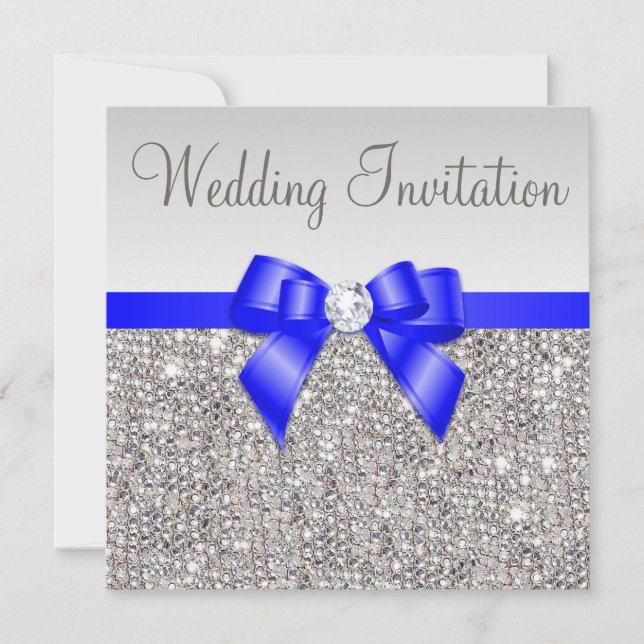 Faux Silver Sequins Royal Blue Bow Bröllop Inbjudningar (Framsida)
