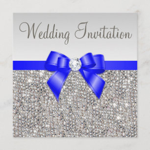Faux Silver Sequins Royal Blue Bow Bröllop Inbjudningar