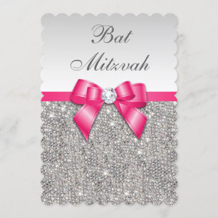 Faux Silver Sequins Shock rosa Bow Bat mitzvah Inbjudningar
