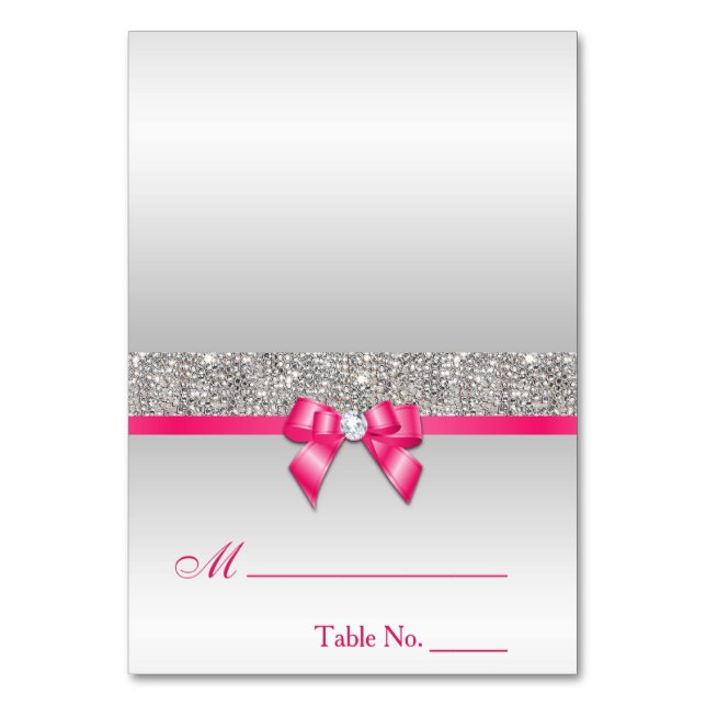 Faux Silver Sequins Shock rosa Bow-platskort Bordsnummer (Framsidan)