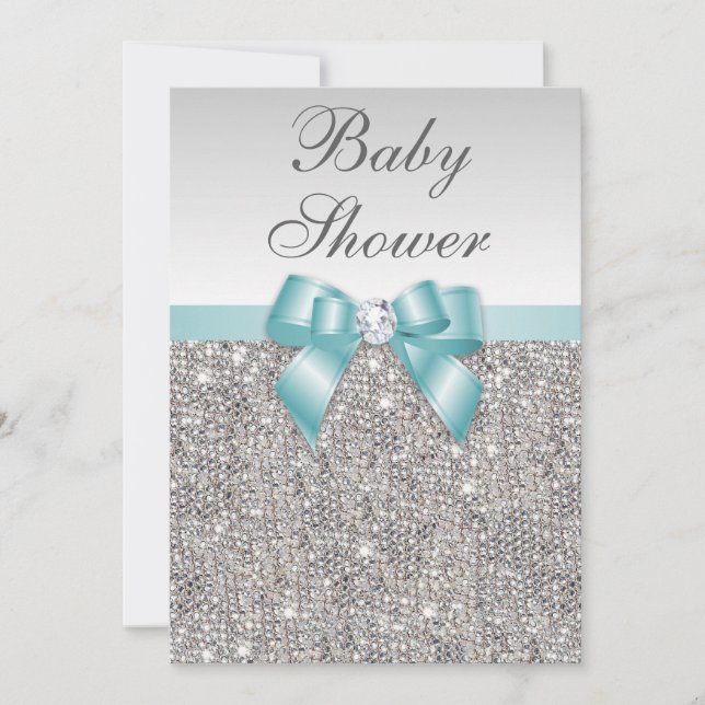 Faux Silver Sequins Teal Blue Baby Shower Inbjudningar (Framsida)