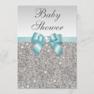 Faux Silver Sequins Teal Blue Baby Shower Inbjudningar