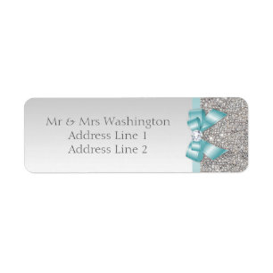 Faux Silver Sequins Teal Blue Bow and Diamond Returadress Etikett