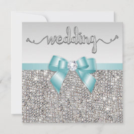 Faux Silver Sequins Teal Blue Bow Bröllop Inbjudningar