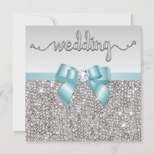 Faux Silver Sequins Teal Blue Bow Bröllop Inbjudningar (Framsida)