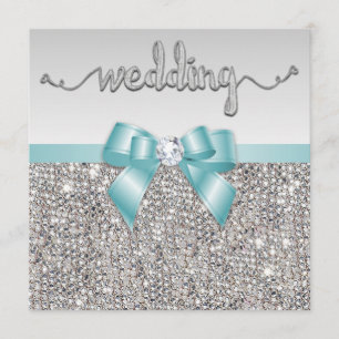 Faux Silver Sequins Teal Blue Bow Bröllop Inbjudningar